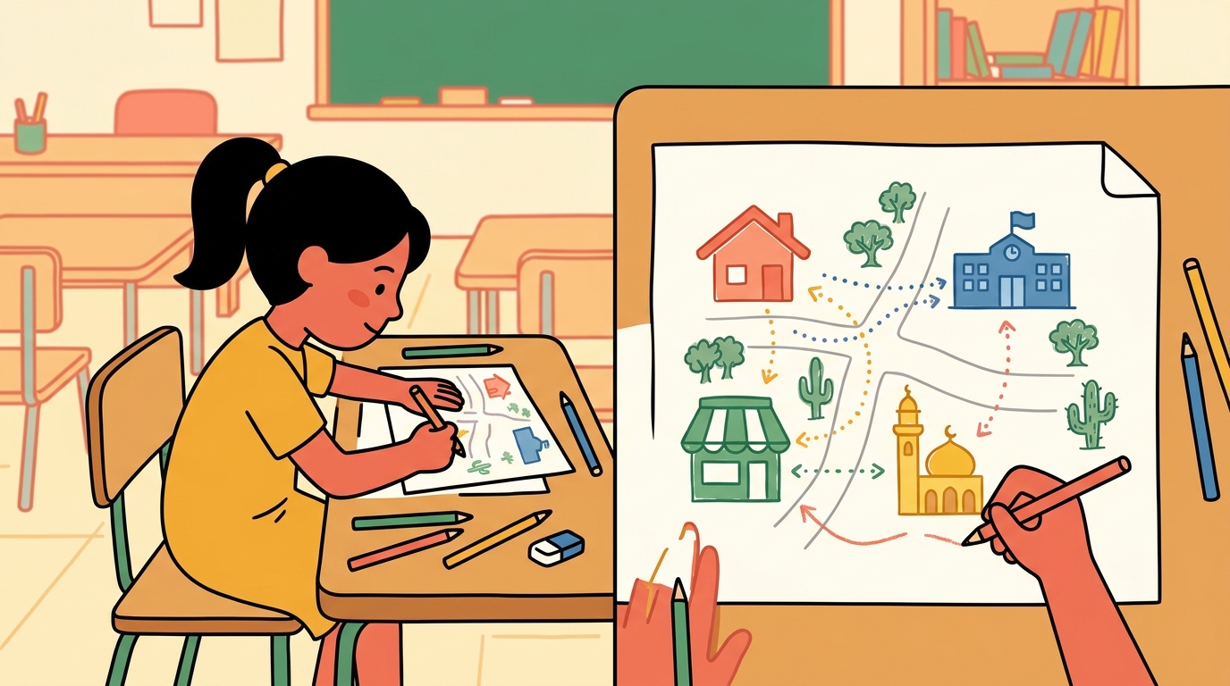 Nour dessine le plan de son propre quartier, avec sa maison, l'école, un magasin et une mosquée reliés par des chemins